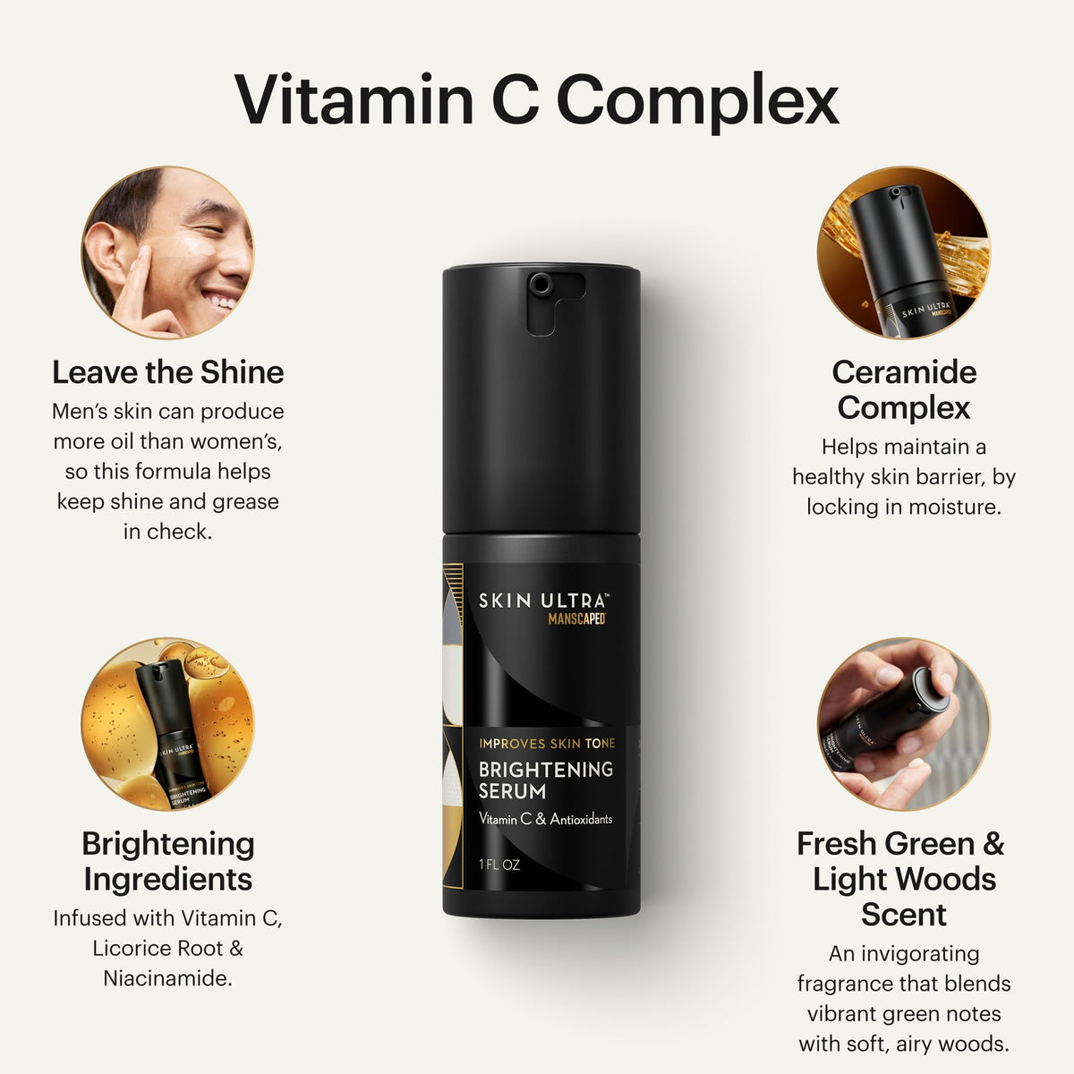 MANSCAPED Skin Ultra Brightening Serum pump-action highlighting easy, mess-free application.