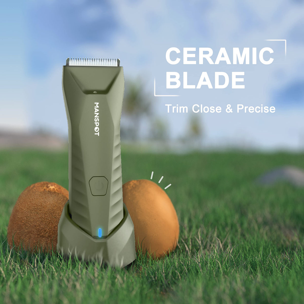 MANSPOT Manscape Trimmer with LED light for visibility in dim areas.