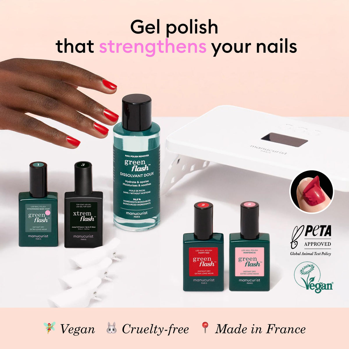 Manucurist base coat enhances adhesion for lasting gel nails.