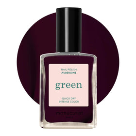 Manucurist Green Aubergine bottle shows plant-based vegan formula for a long-lasting finish.