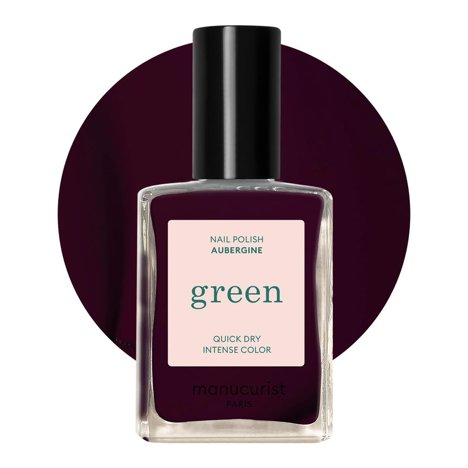 Manucurist Green Aubergine bottle shows plant-based vegan formula for a long-lasting finish.
