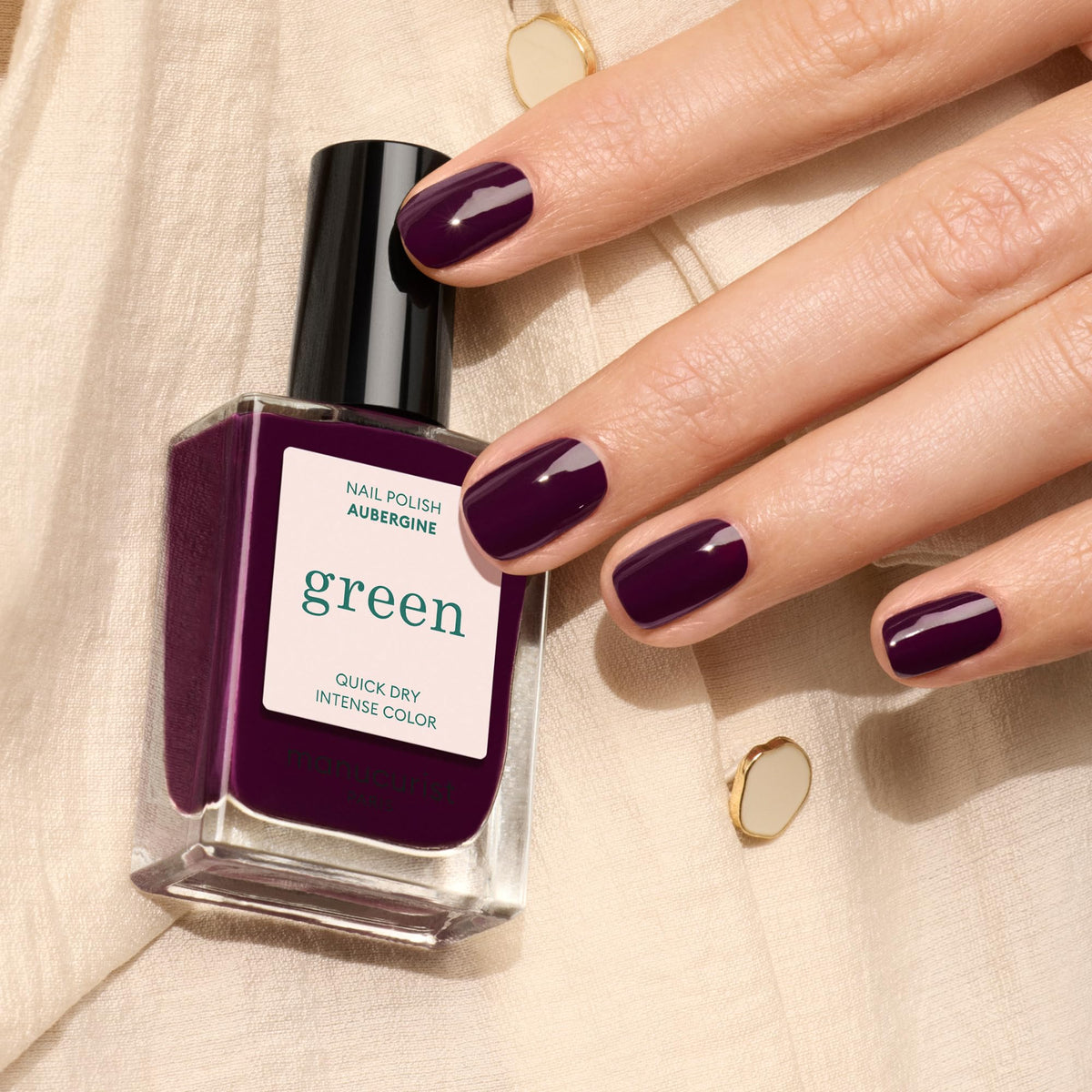 Color swatches reveal deep purple shade ideal for a bold opaque look.