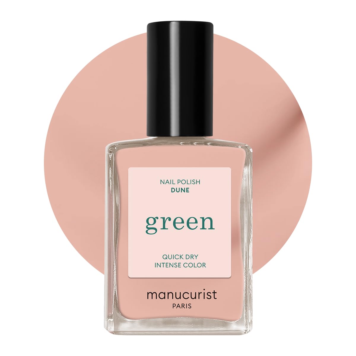 Manucurist Green Dune bottle shows sandy beige shade and plant-based formula.