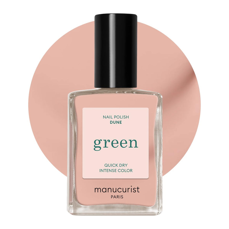 Manucurist Green Dune bottle shows sandy beige shade and plant-based formula.