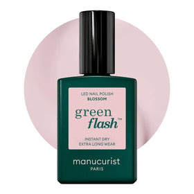 Manucurist Green Flash Blossom bottle closeup shows creamy pink shade for at-home manicures.