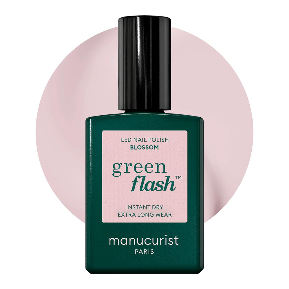 Manucurist Green Flash Blossom bottle closeup shows creamy pink shade for at-home manicures.