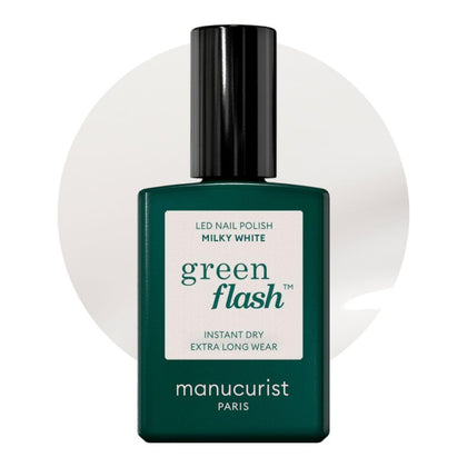 Manucurist Green Flash bottle close-up showing vegan, plant-based gel polish.
