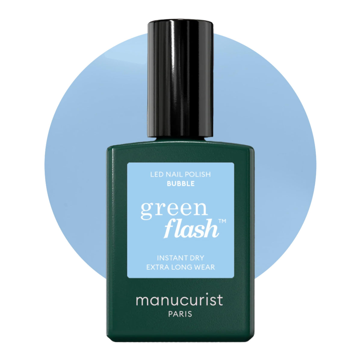 Manucurist Green Flash Bubble bottle on white background, showcasing long-lasting pastel blue color.