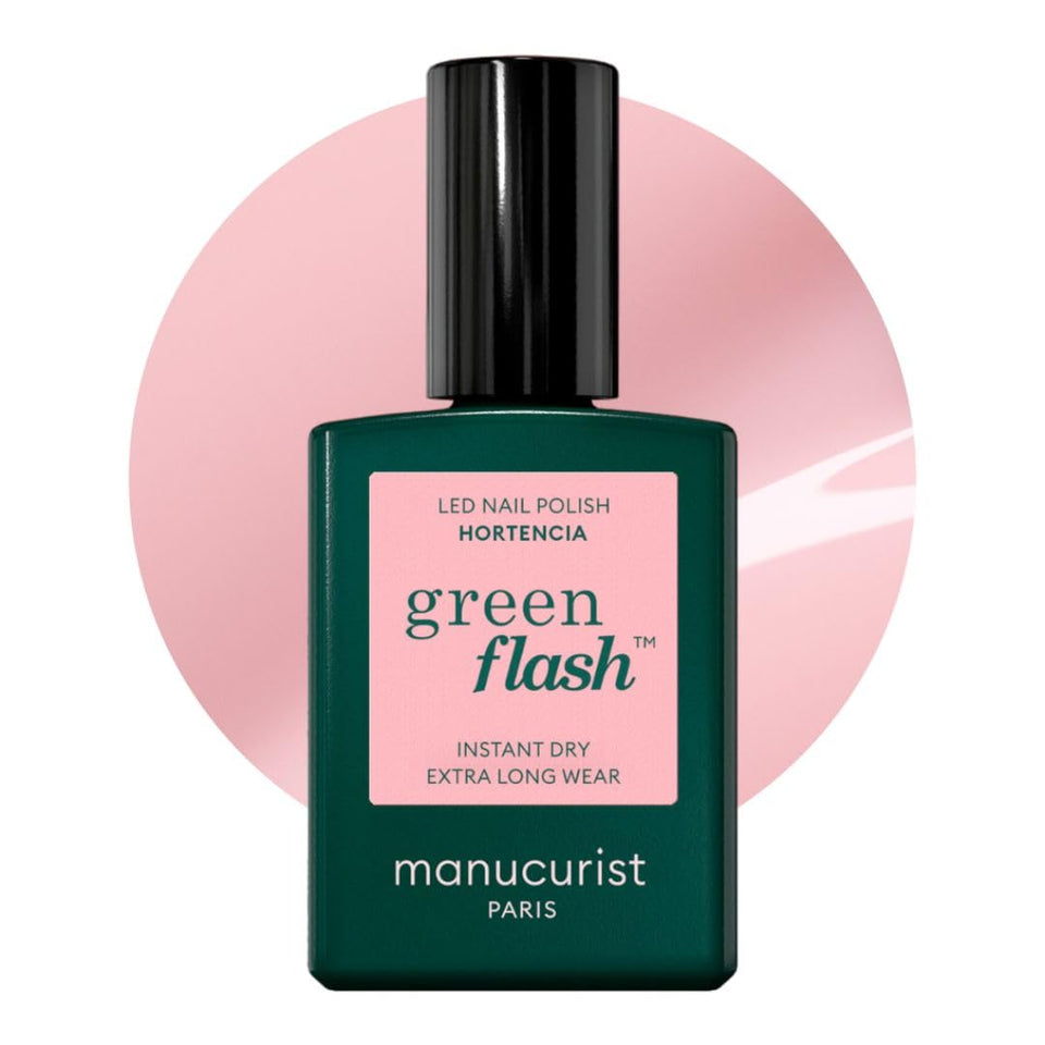Manucurist Green Flash Hortencia bottle shows sheer pink shade for natural-looking nails.