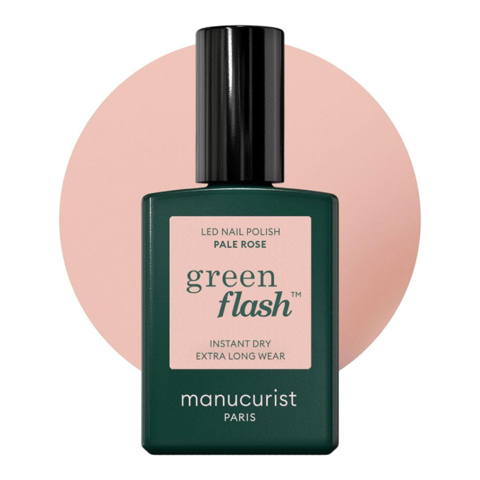 Manucurist Green Flash Pale Rose bottle close-up highlighting vegan 12-free formula.