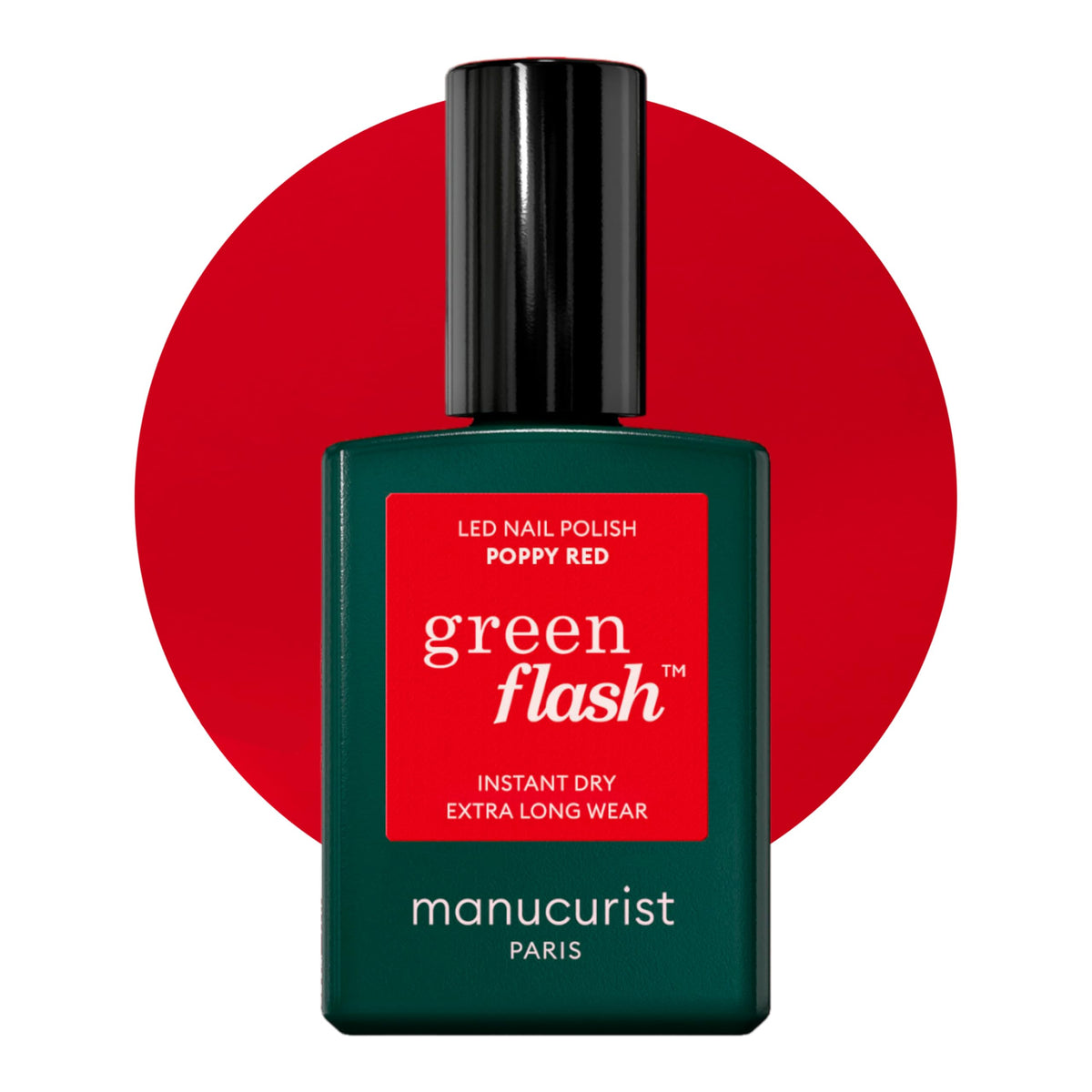 Manucurist Green Flash Poppy Red bottle shows bold color for vibrant nails.