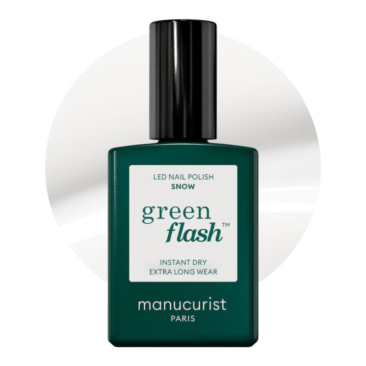 Manucurist Green Flash Snow White bottle close-up showing opaque coverage for a bold manicure