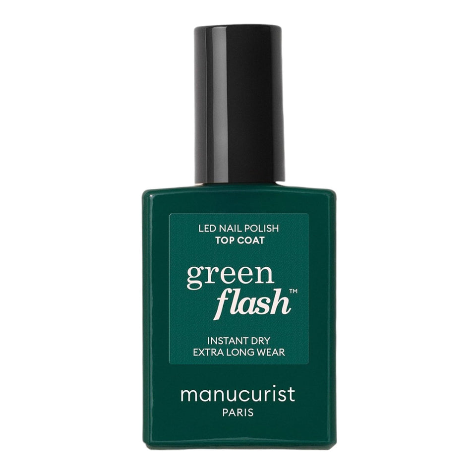 Manucurist Green Flash Top Coat delivers LED-dried high shine for up to 10 days.