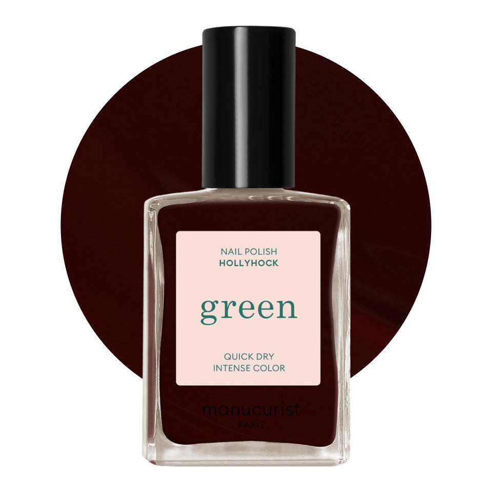 Manucurist Green Hollyhock bottle shows a deep blackish red shade for a bold manicure.