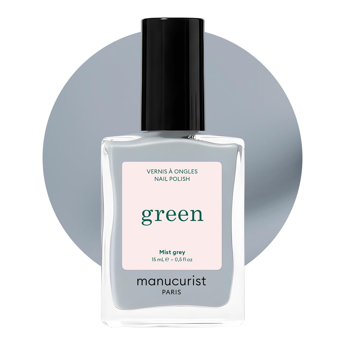 Manucurist Green Mist Grey bottle showcasing quick-dry vegan formula with long-lasting shine