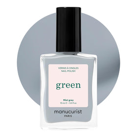 Manucurist Green Mist Grey bottle showcasing quick-dry vegan formula with long-lasting shine