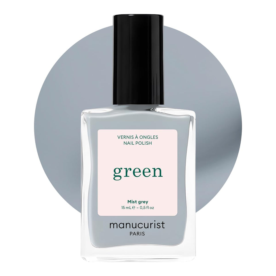 Manucurist Green Mist Grey bottle showcasing quick-dry vegan formula with long-lasting shine
