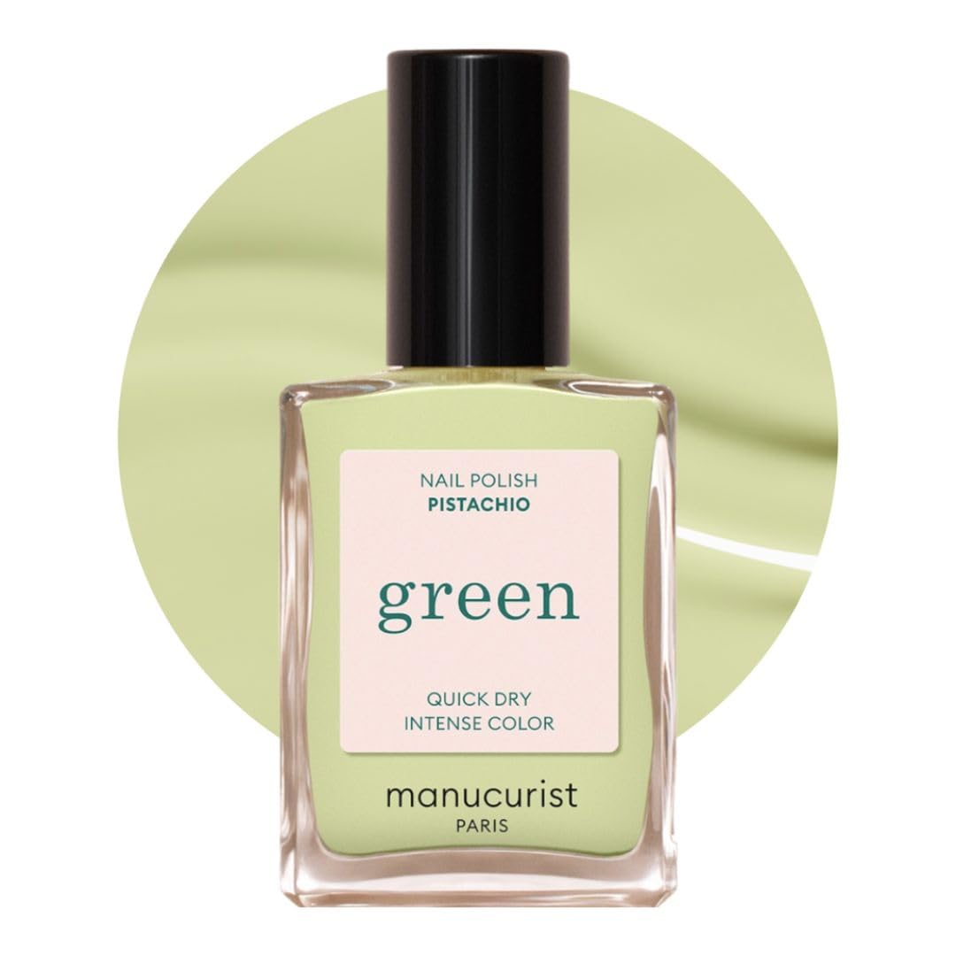 Manucurist Pistachio bottle showing plant-based, quick-dry polish for an easy manicure