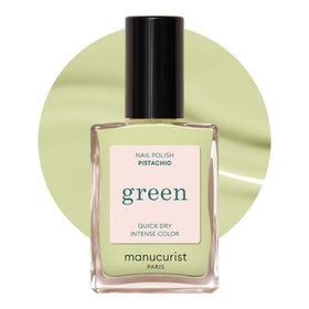 Manucurist Pistachio bottle showing plant-based, quick-dry polish for an easy manicure