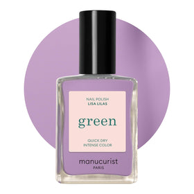 Manucurist Green Lisa Lilas bottle close-up highlighting quick-dry vegan polish.