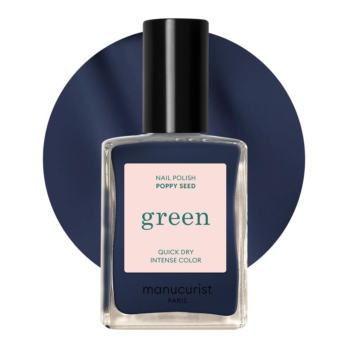 Manucurist Green Quick Dry Nail Polish Poppy Seed bottle shows a deep blueish-black shade.