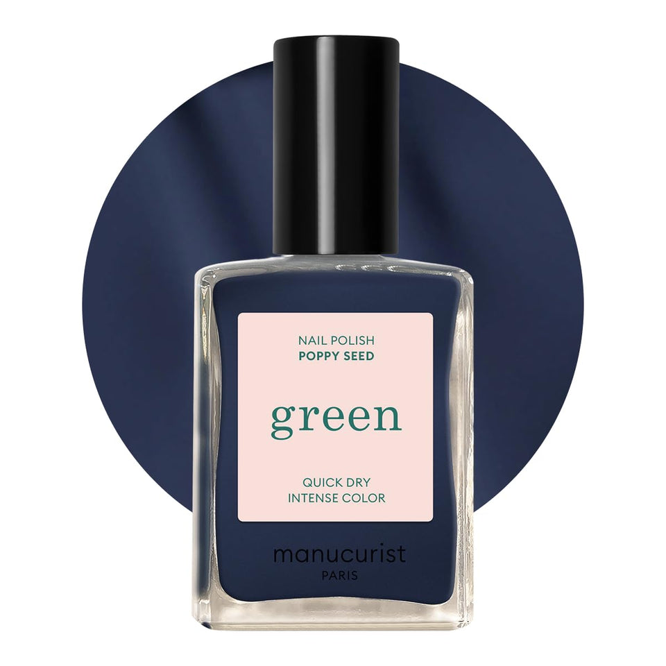 Manucurist Green Quick Dry Nail Polish Poppy Seed bottle shows a deep blueish-black shade.