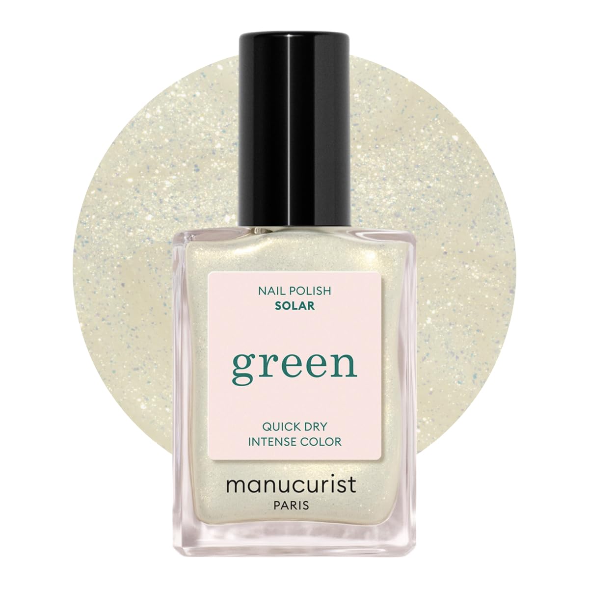 Manucurist Green Solar bottle close-up showing quick-dry formula and golden shimmer.