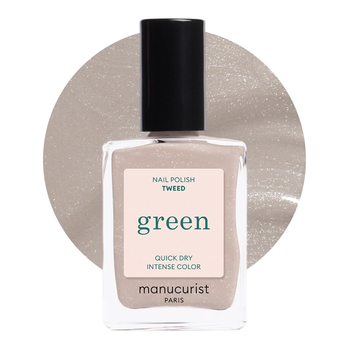 Manucurist Green Tweed bottle shows pearlescent grey finish for quick-dry color