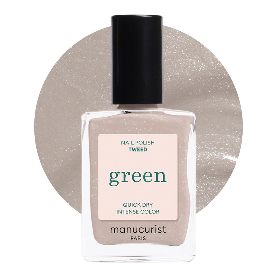 Manucurist Green Tweed bottle shows pearlescent grey finish for quick-dry color
