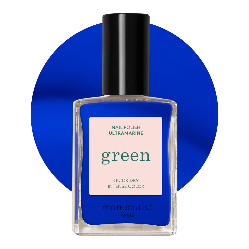 Manucurist Green Ultramarine bottle close-up, vibrant blue ready for quick-dry manicure.