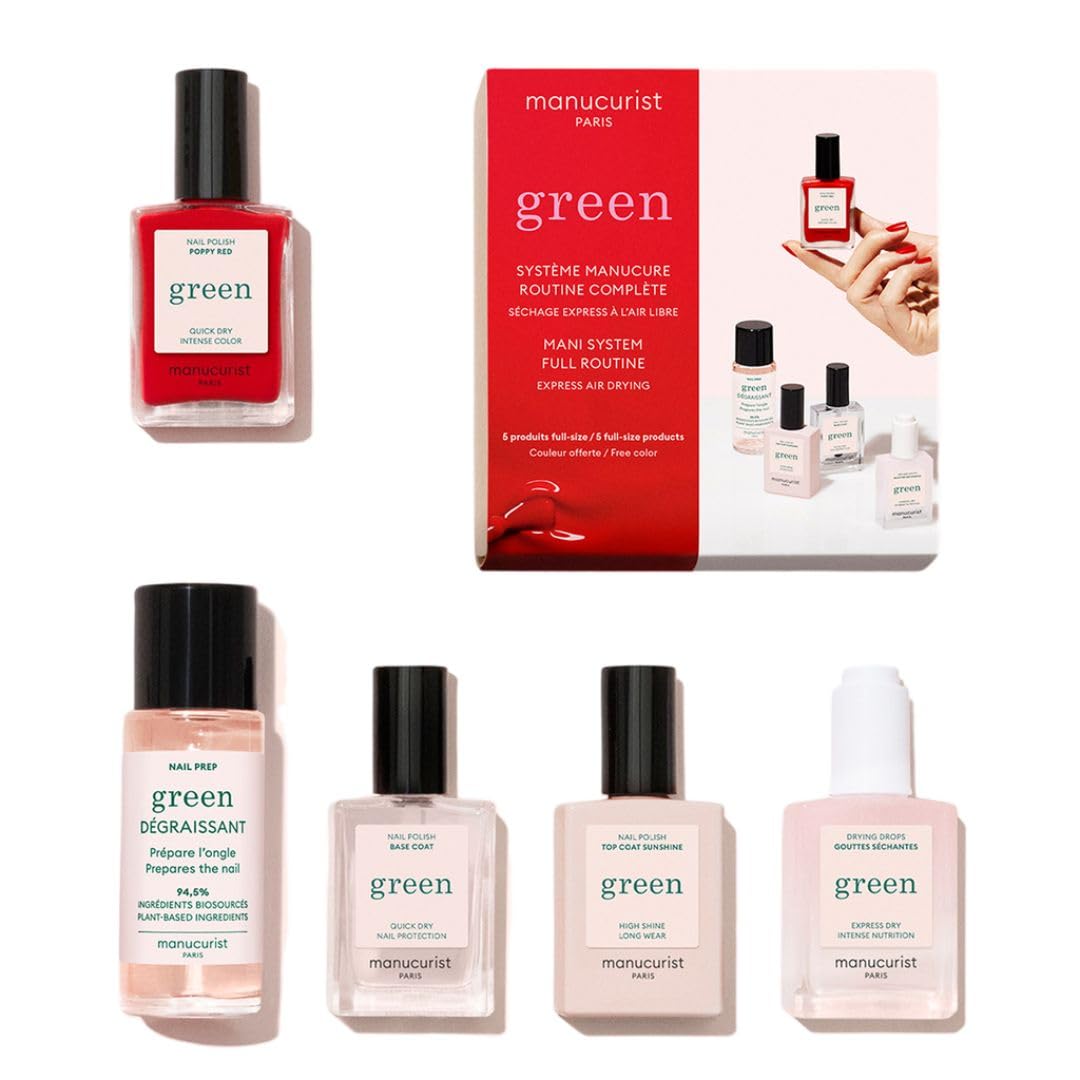 Manucurist System Green Poppy Red kit packshot for at-home vegan manicure.
