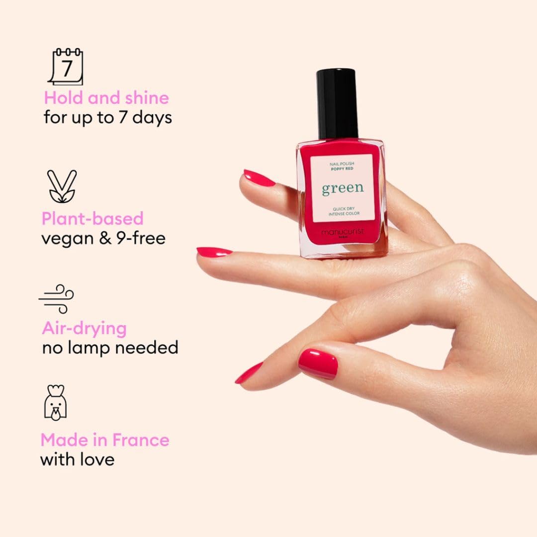 Manucurist System Green Poppy Red top coat adds shine and quick-dry protection.