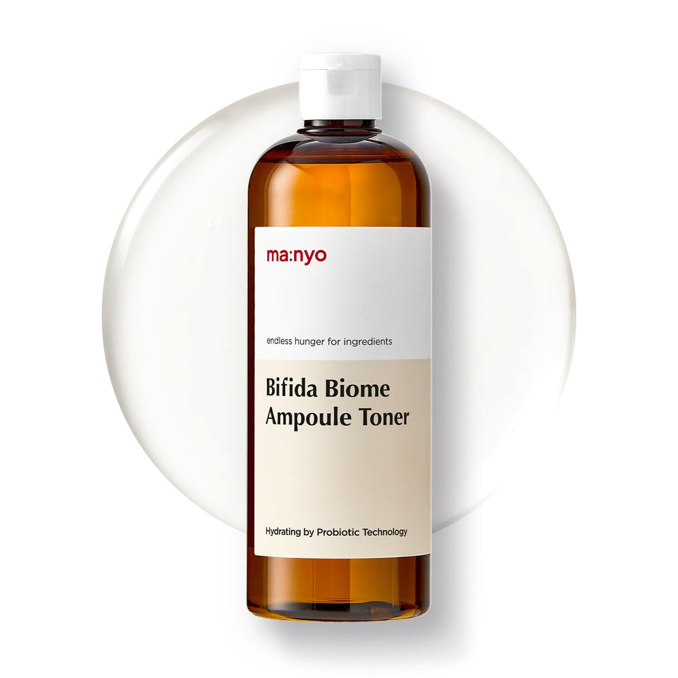 ma:nyo Bifida Biome Ampoule Toner bottle highlighting dual hydration action for daily use