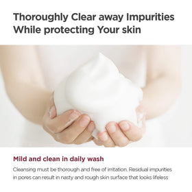 MANYO Deep Pore Foam with green tea leaves for antioxidant-rich cleansing.