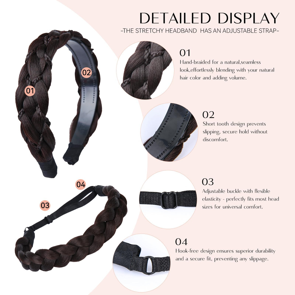 MaopaoBeauty stretch braid headband offers adjustable fit for various head sizes.
