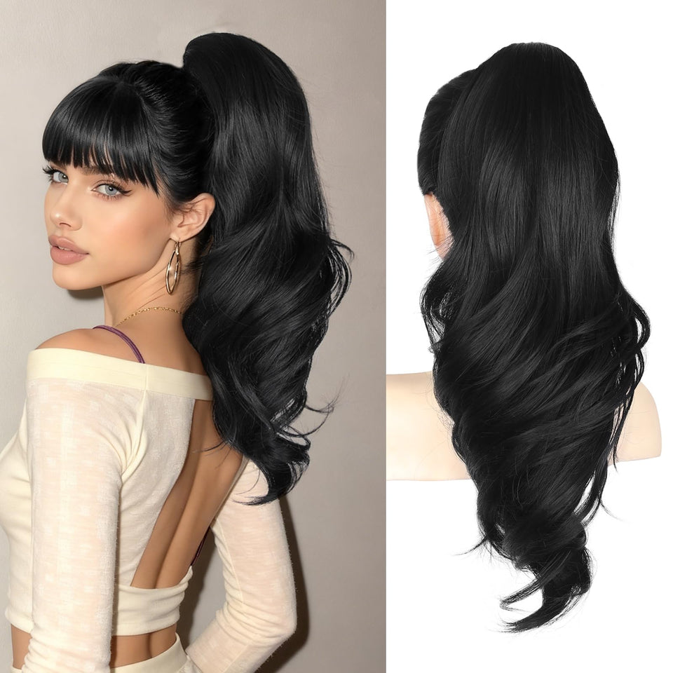MaopaoBeauty 18in black ponytail clip shows lightweight daily wear and natural look
