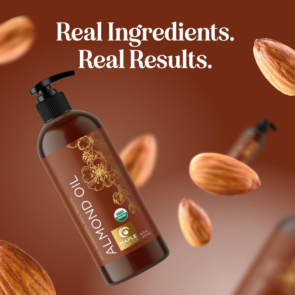 Maple Holistics almond oil bottle with ingredients list for transparency