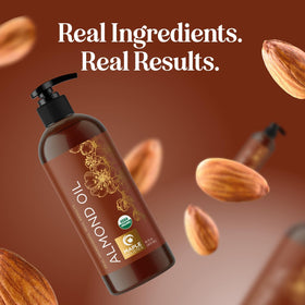 Maple Holistics almond oil bottle with ingredients list for transparency