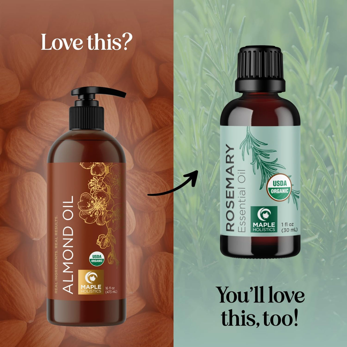 Maple Holistics almond oil on hair demonstrating gloss and moisture