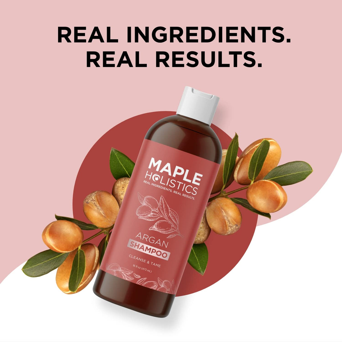 Close-up of Maple Holistics Argan Oil Shampoo bottle showing natural formula.