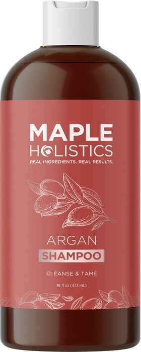 Maple Holistics Argan Oil Shampoo bottle with rich lather for dry hair.