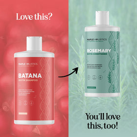 Maple Holistics bathroom scene conveys vegan, botanical hair care ethos.