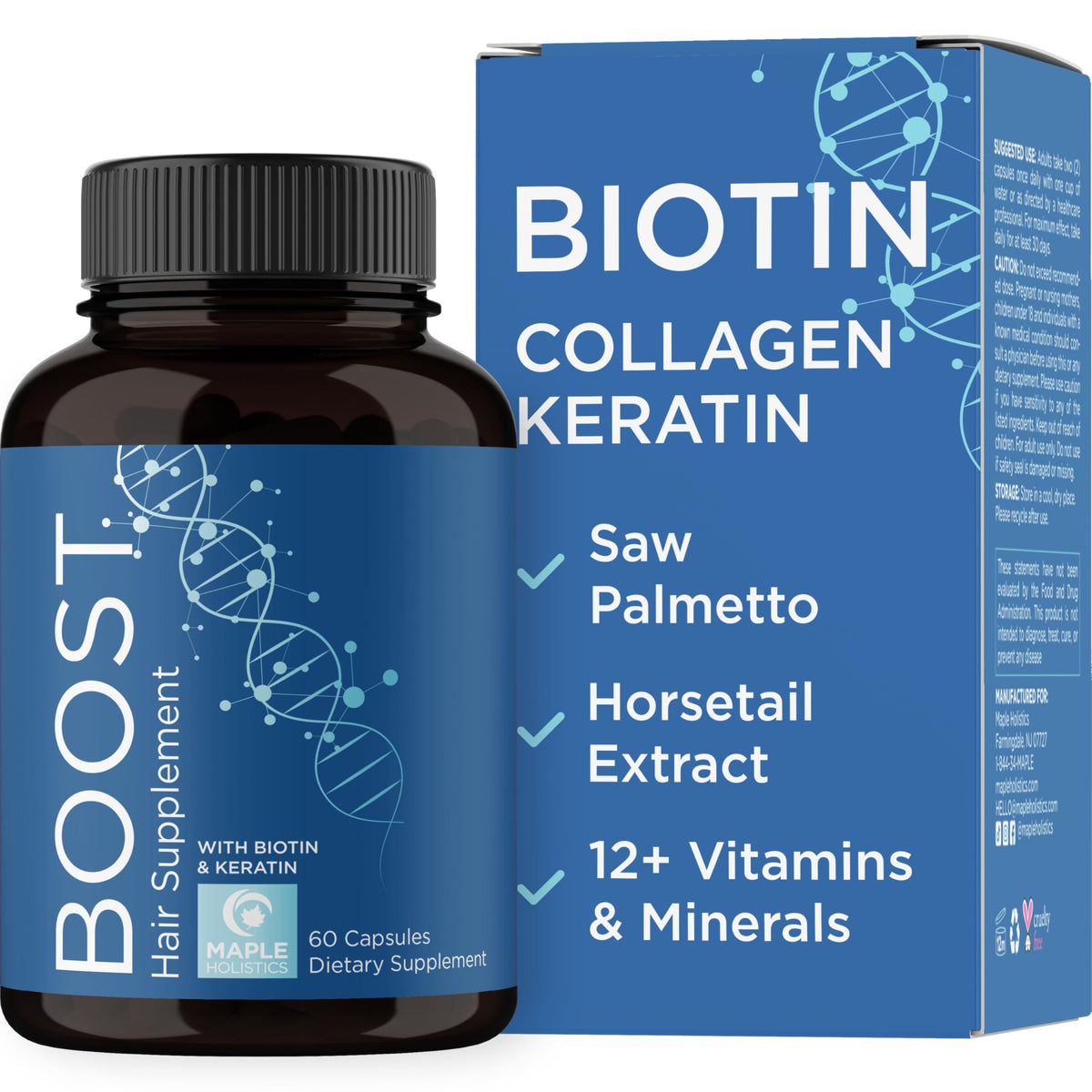 Maple Holistics Biotin 10000mcg and Collagen bottle on table highlighting hair support