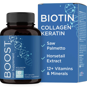 Maple Holistics Biotin 10000mcg and Collagen bottle on table highlighting hair support