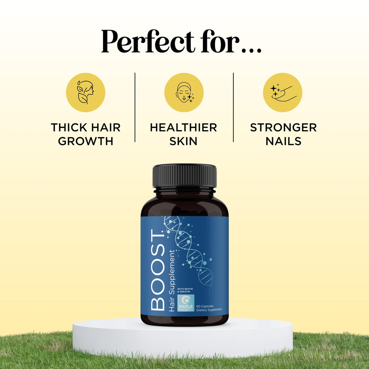 Close-up of Maple Holistics biotin-collagen capsules for hair health