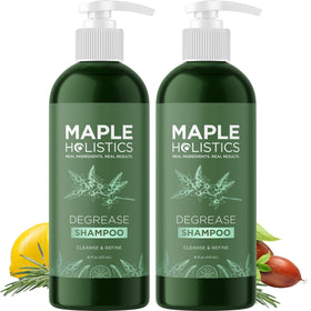 Maple Holistics Degrease bottle pouring for deep cleansing and scalp refresh.
