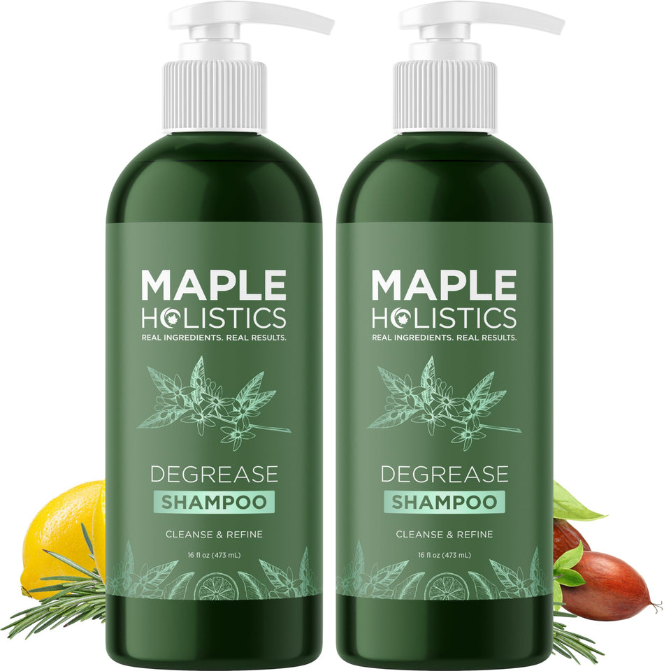 Maple Holistics Degrease bottle pouring for deep cleansing and scalp refresh.