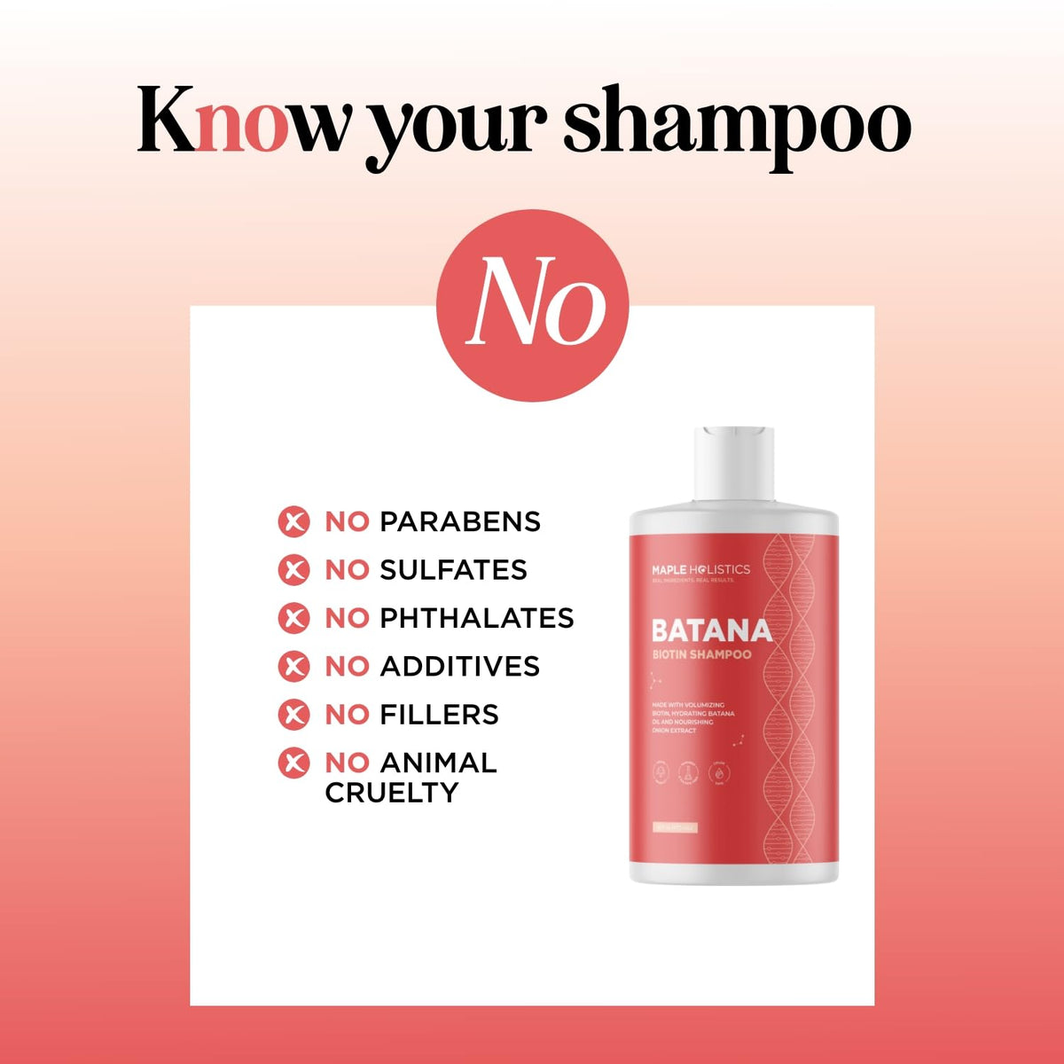 Maple Holistics Biotin & Batana Shampoo ingredients featuring rosemary and tea tree.