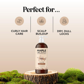 Maple Holistics Moisturizing Shampoo label close-up highlights silk amino acids for smoother hair