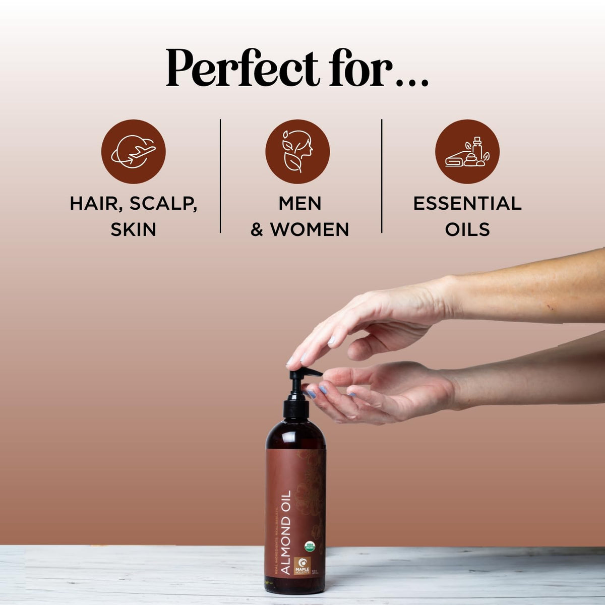 Maple Holistics organic almond oil label emphasizing purity and organic certification